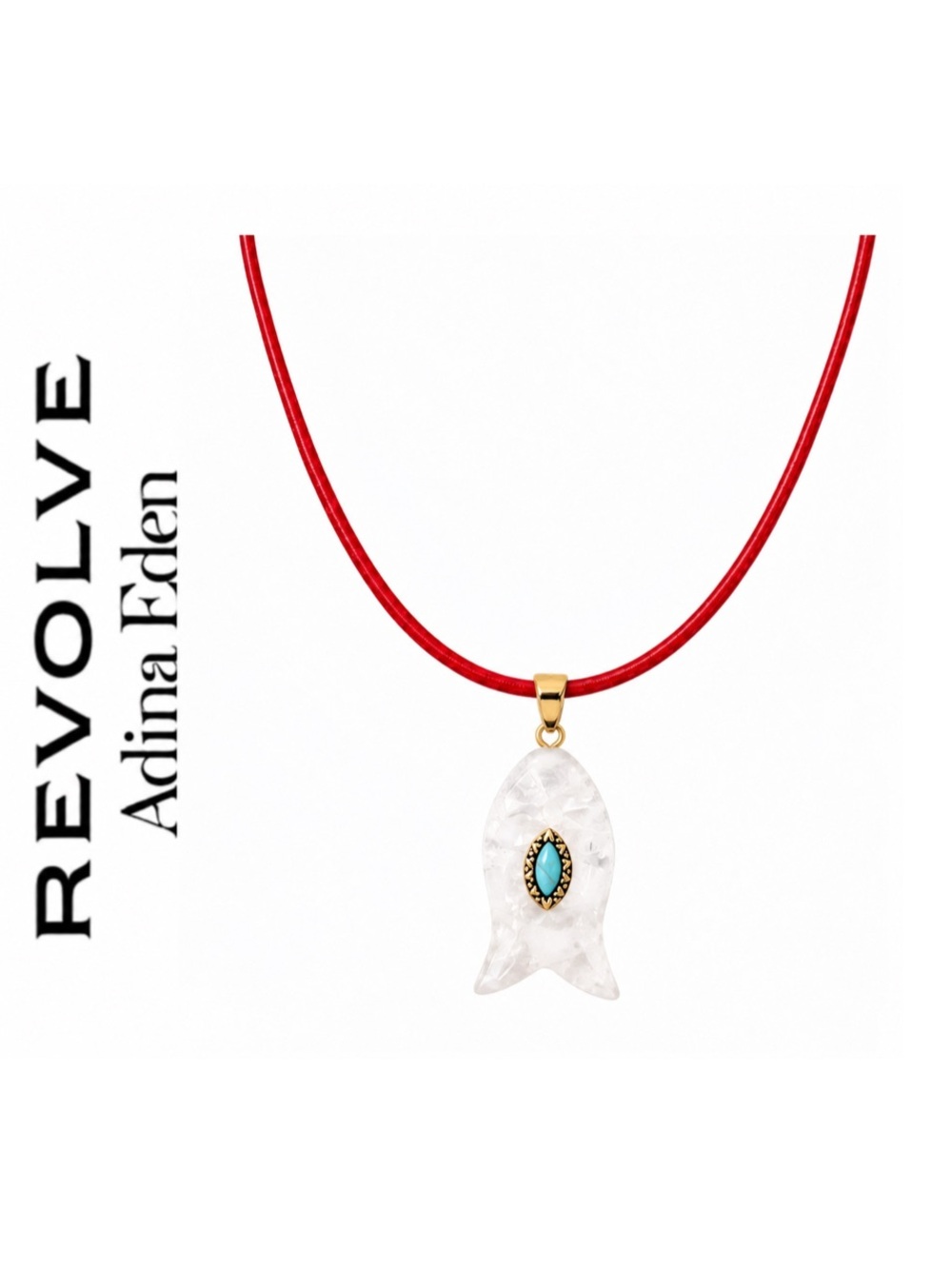 Revolve x Adina Eden White Quartz Fish Pendant and Red Faux Leather Cord Chain
